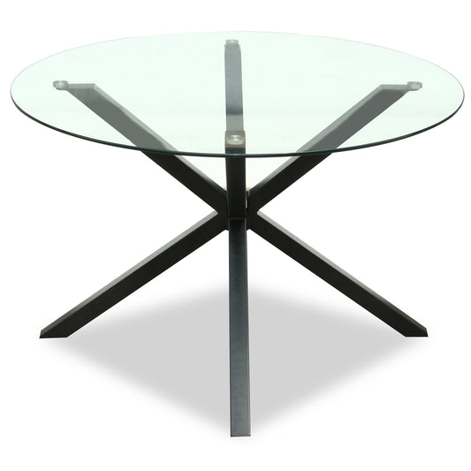 Dine and Dwell Stourbridge round dining table with glass top and black metal legs, modern and stylish for dining rooms