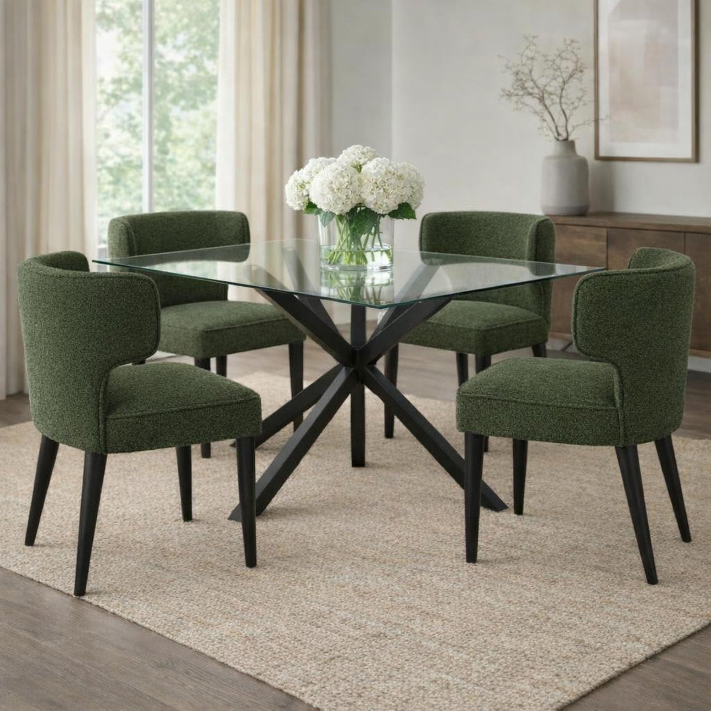 Dine and Dwell Derby dining chair with moss green upholstered fabric and wooden legs, stylish and comfortable for dining rooms.
