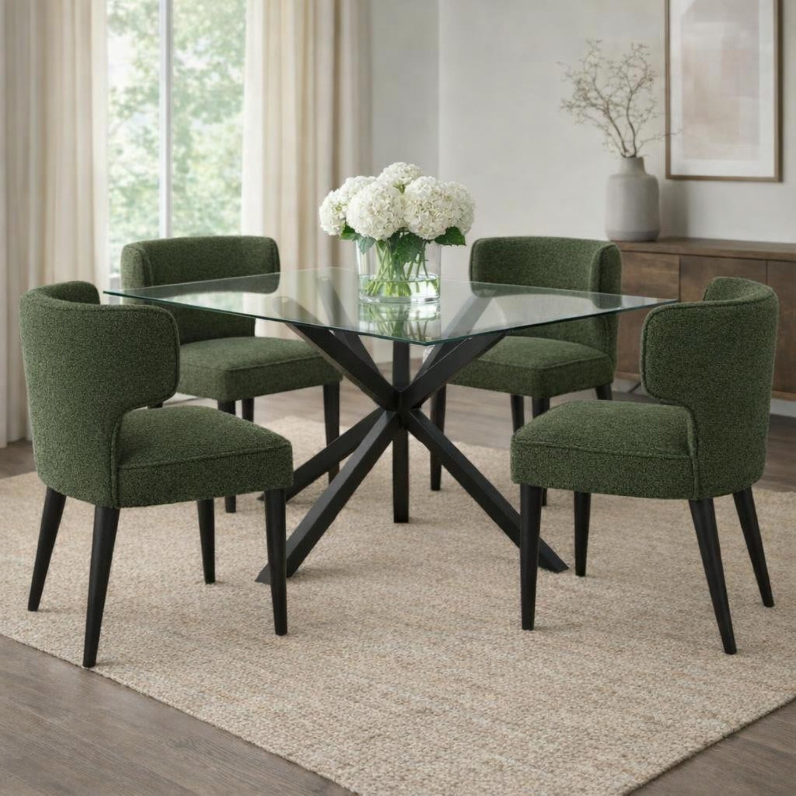 Dine and Dwell Derby dining chair with moss green upholstered fabric and wooden legs, stylish and comfortable for dining rooms.