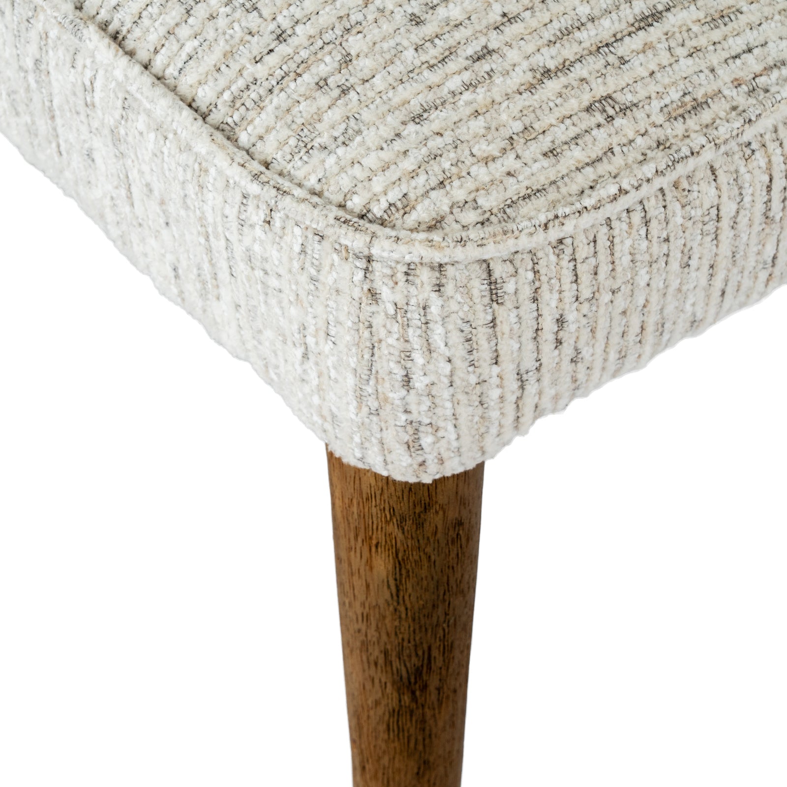 Mist grey upholstered Dine and Dwell Derby dining chair with wooden legs, showcasing a modern, comfortable design.