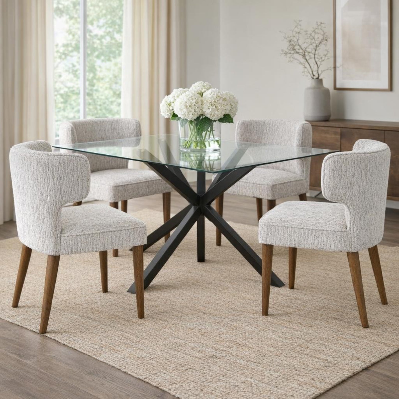 Dine and Dwell Derby dining chair with mist grey upholstered fabric and wooden legs, modern and comfortable for dining rooms.