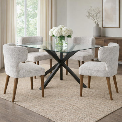 Dine and Dwell Derby dining chair with mist grey upholstered fabric and wooden legs, modern and comfortable for dining rooms.
