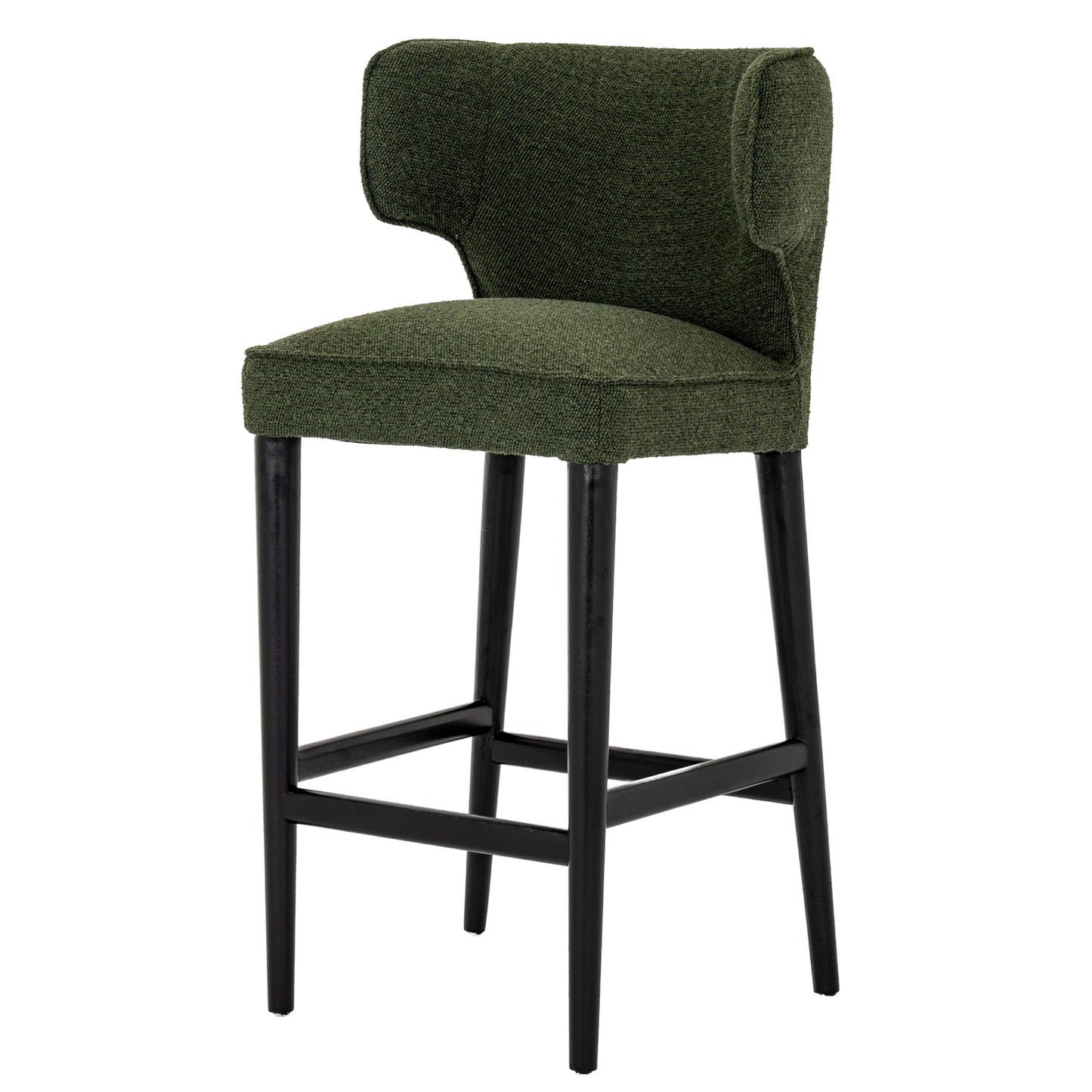 Dine and Dwell Derby bar stool with moss green upholstered fabric and wooden legs, modern and stylish seating for kitchen or bar area.