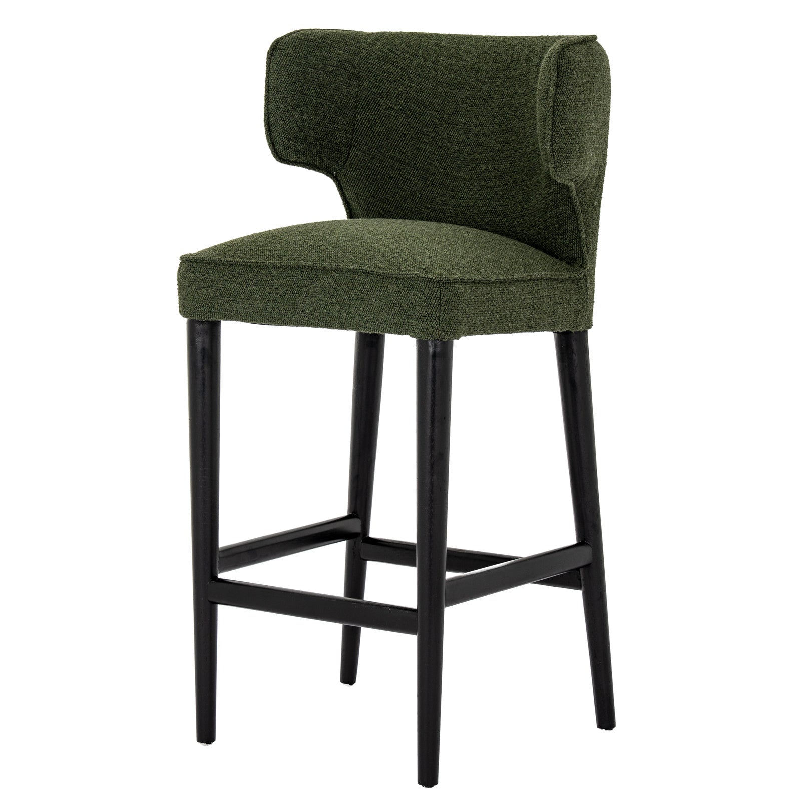 Dine and Dwell Derby bar stool with moss green upholstered fabric and wooden legs, modern and stylish seating for kitchen or bar area.
