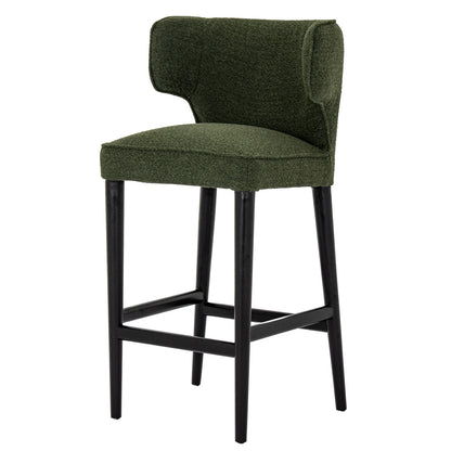 Dine and Dwell Derby bar stool with moss green upholstered fabric and wooden legs, modern and stylish seating for kitchen or bar area.