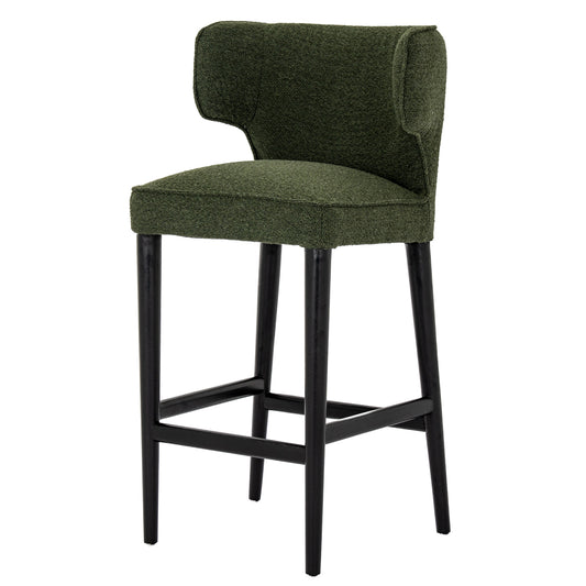 Dine and Dwell Derby bar stool with moss green upholstered fabric and wooden legs, modern and stylish seating for kitchen or bar area.
