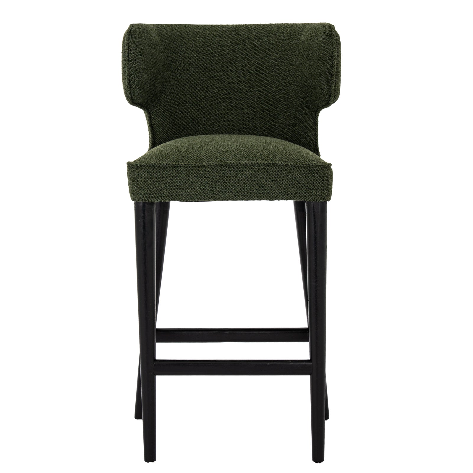 Dine and Dwell Derby bar stool with moss green upholstered fabric and wooden legs, modern and comfortable seating for kitchen or bar area.