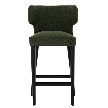 Dine and Dwell Derby bar stool with moss green upholstered fabric and wooden legs, modern and comfortable seating for kitchen or bar area.