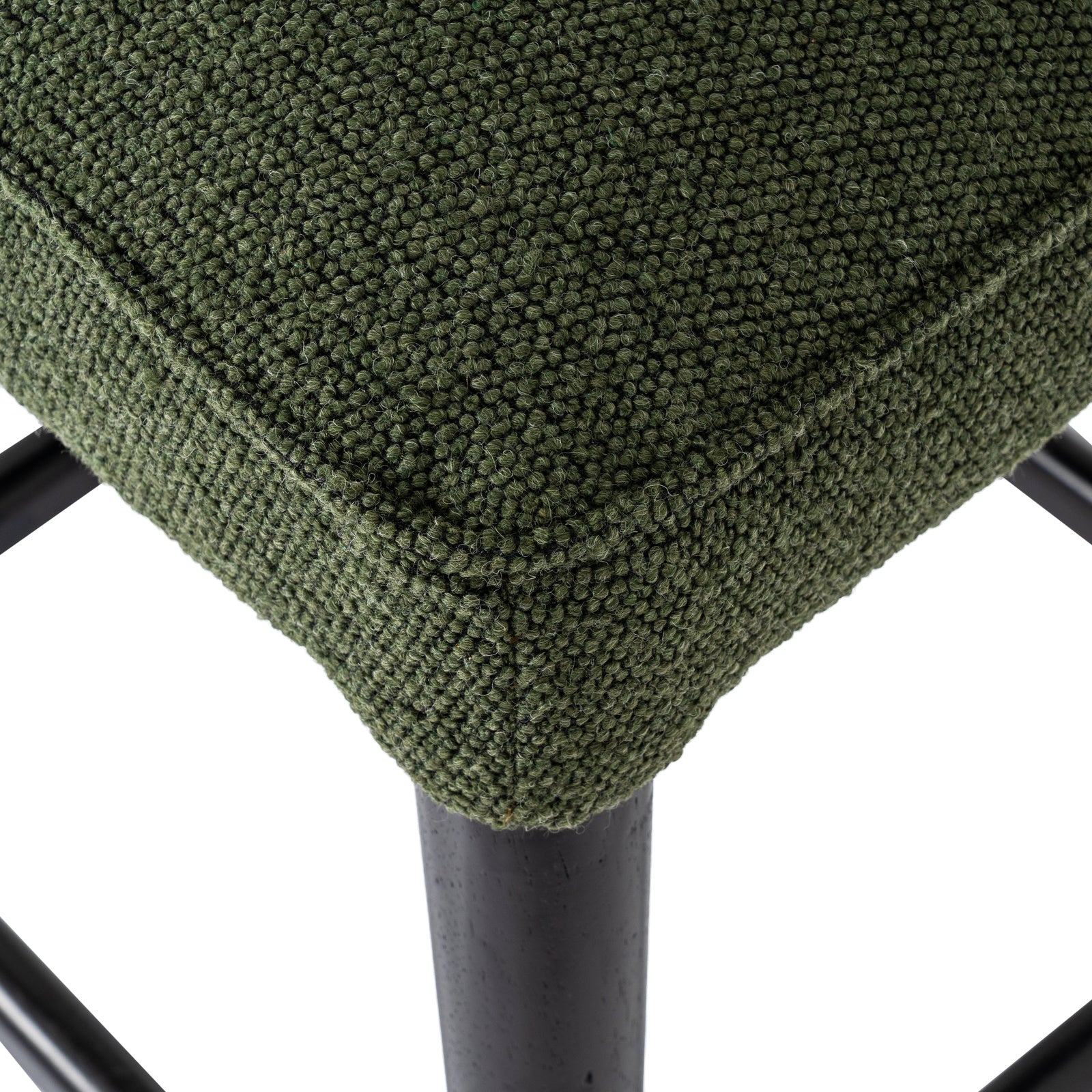 Dine and Dwell Derby bar stool with moss green upholstered fabric seat and wooden legs, modern and stylish home bar furniture.