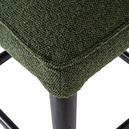 Dine and Dwell Derby bar stool with moss green upholstered fabric seat and wooden legs, modern and stylish home bar furniture.