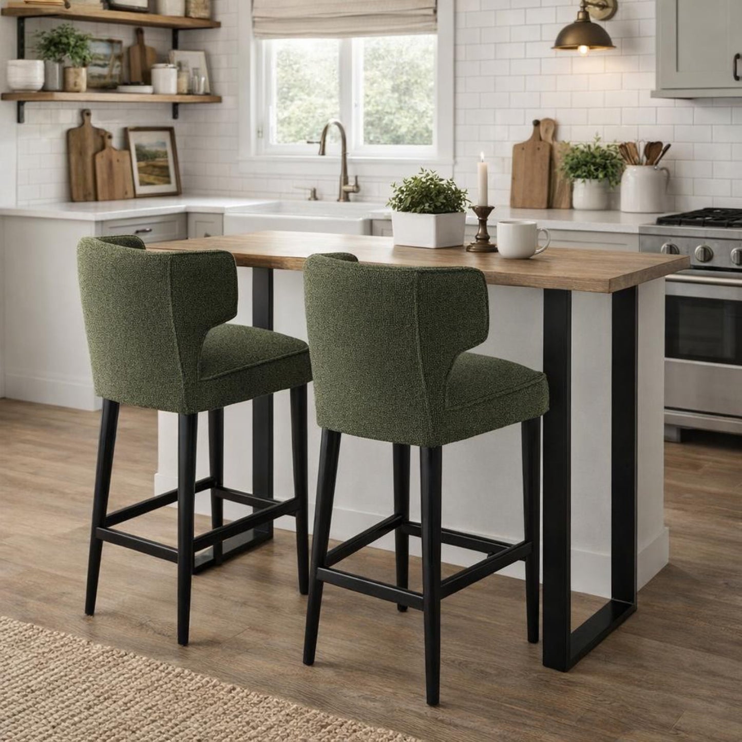 Dine and Dwell Derby bar stool with moss green upholstered fabric and wooden legs, modern and stylish for kitchen or bar area.