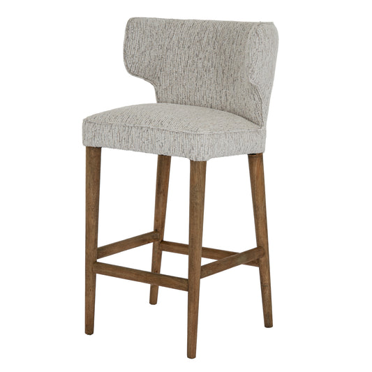 Dine and Dwell Derby upholstered bar stool with mist fabric seat and wooden legs, modern and stylish for kitchen or bar area.