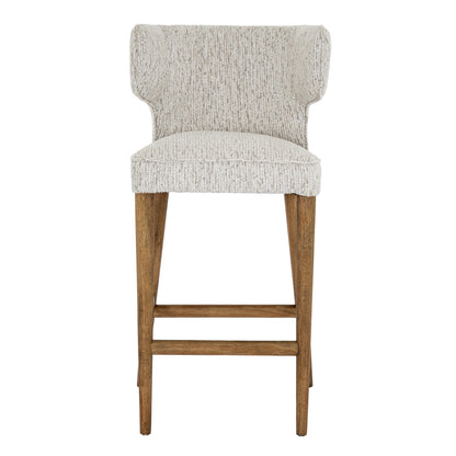 Dine and Dwell Derby upholstered bar stool with mist fabric seat and wooden legs, modern kitchen or bar area furniture.