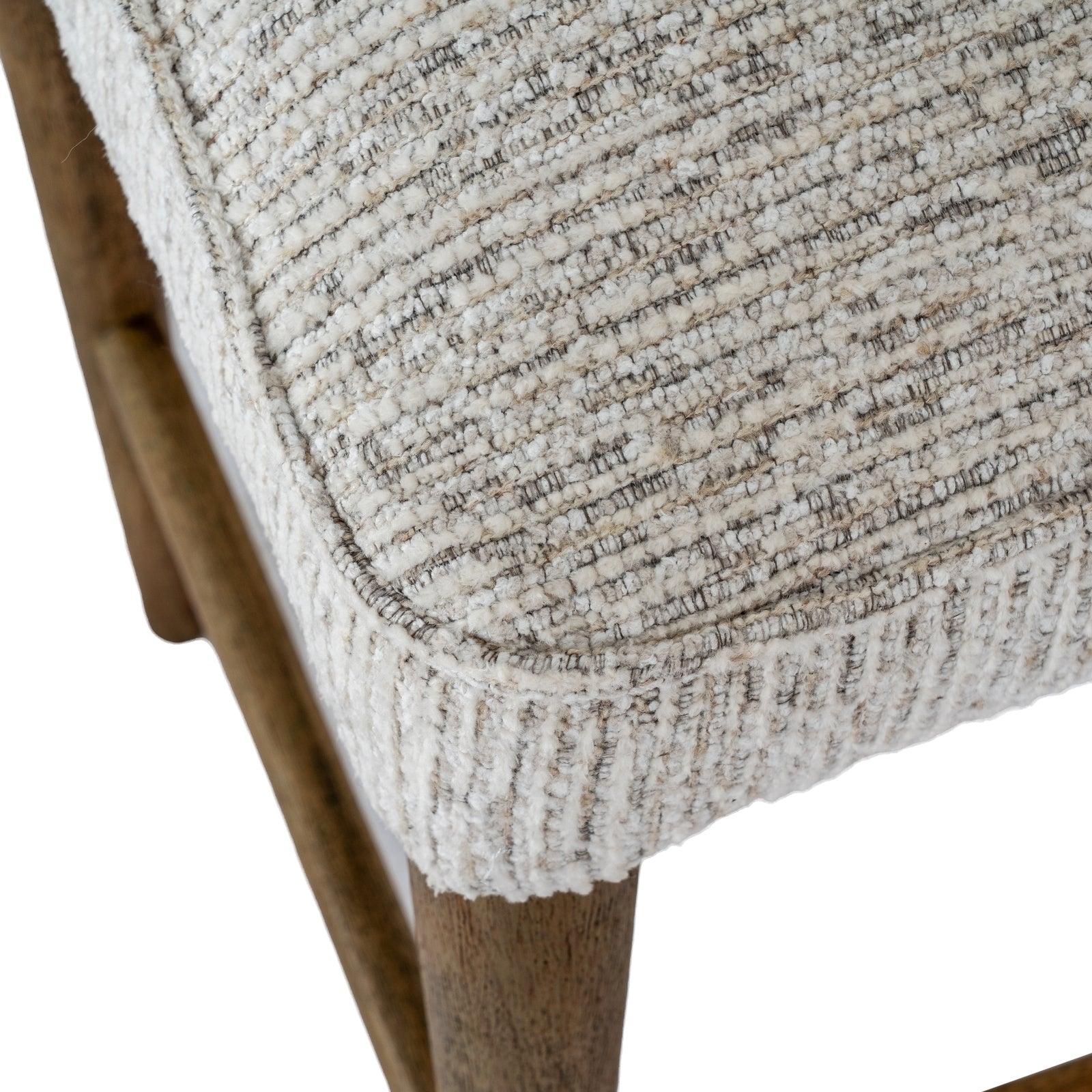Dine and Dwell Derby upholstered bar stool with mist fabric and wooden legs, modern design for kitchen or bar area.