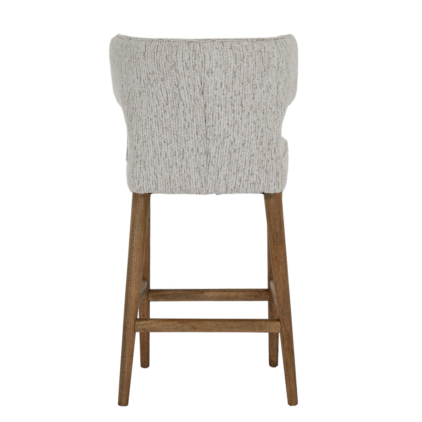 Dine and Dwell Derby upholstered bar stool with mist fabric seat and wooden legs, modern and stylish for kitchen or bar area.