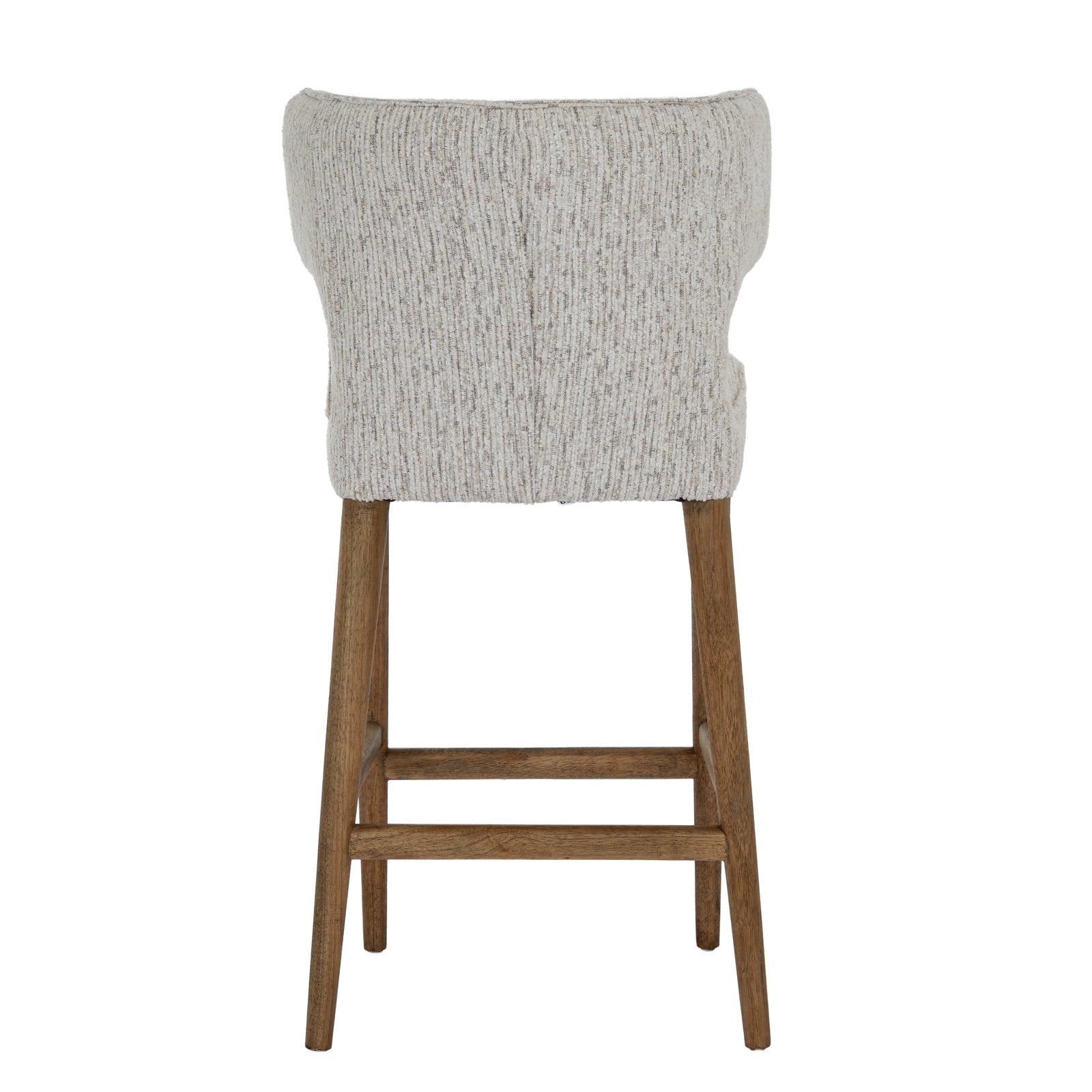 Dine and Dwell Derby upholstered bar stool with mist fabric seat and wooden legs, modern and stylish for kitchen or bar area.