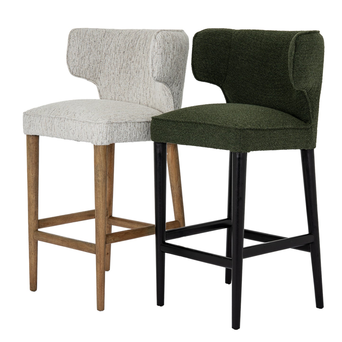 Dine and Dwell Derby upholstered bar stool with mist fabric seat and wooden legs, modern design for kitchen or bar area.