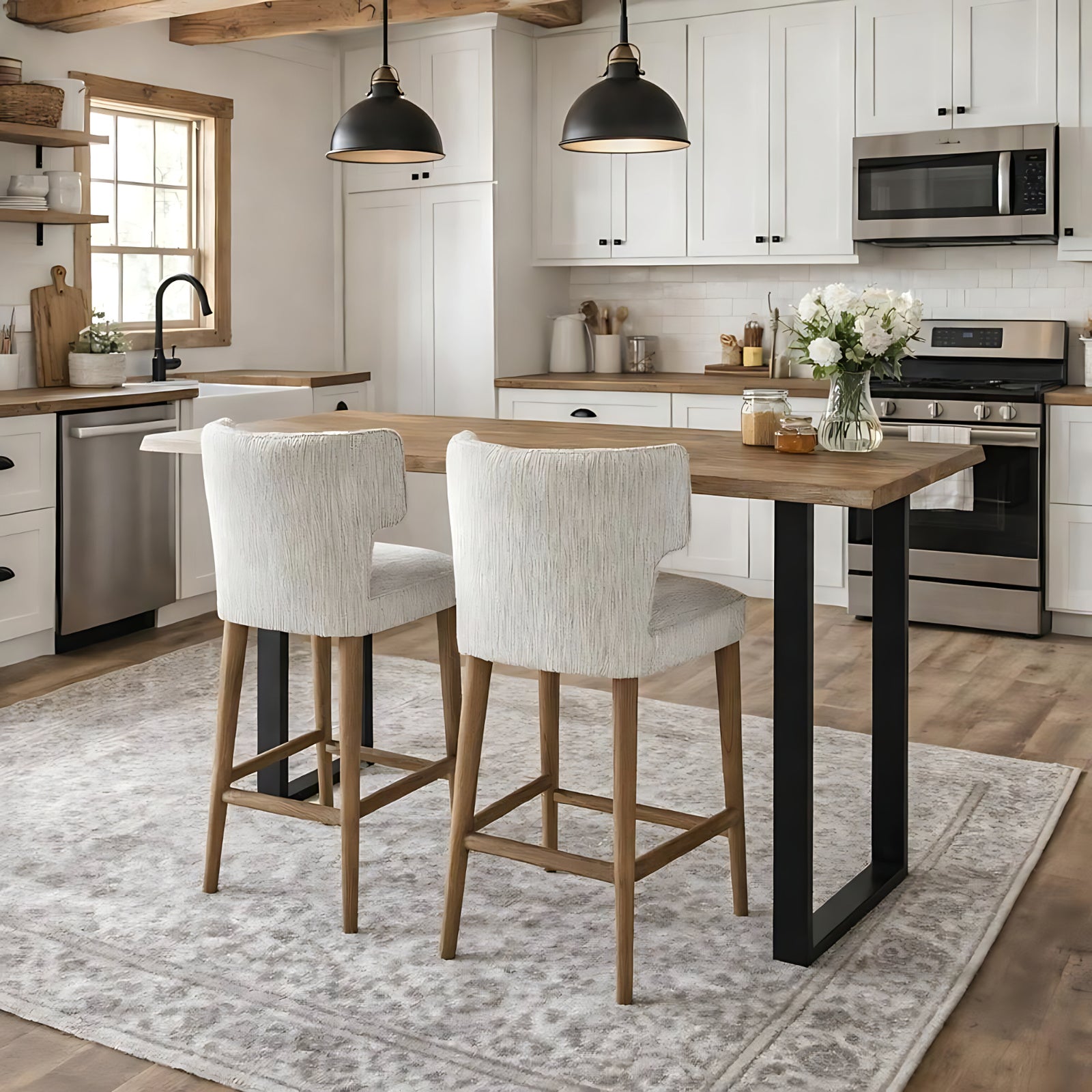 Dine and Dwell Derby upholstered bar stool with mist fabric and wooden legs, modern design for kitchen or bar area.