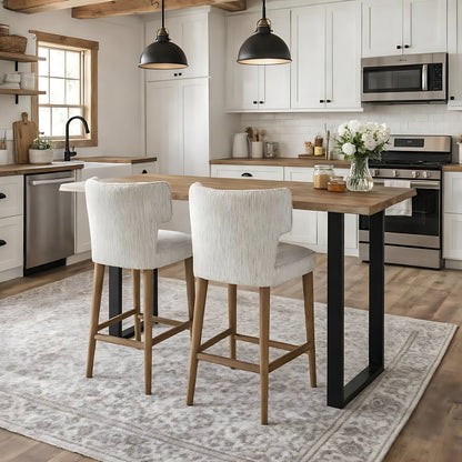 Dine and Dwell Derby upholstered bar stool with mist fabric and wooden legs, modern design for kitchen or bar area.