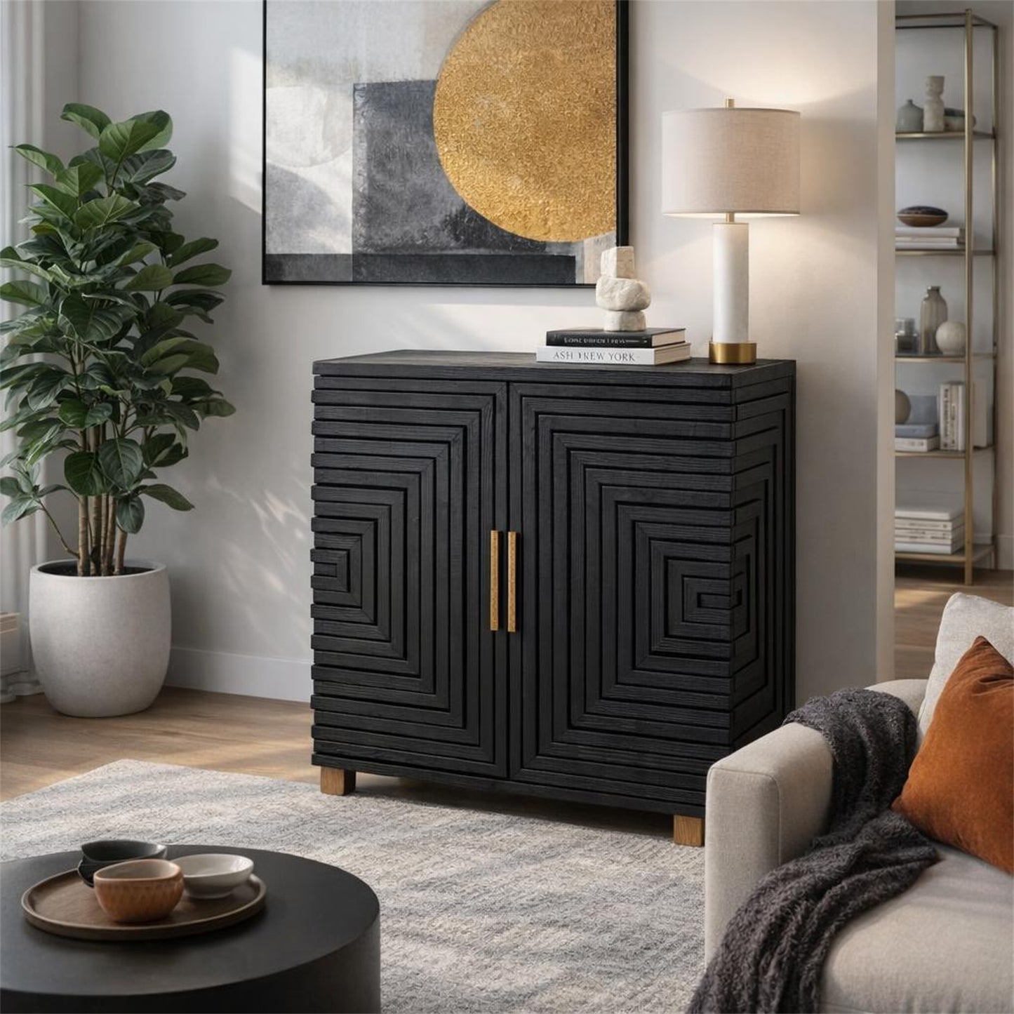Dine and Dwell Lincoln black wood 2-door small sideboard with sleek design and modern handles, perfect for dining or living rooms.