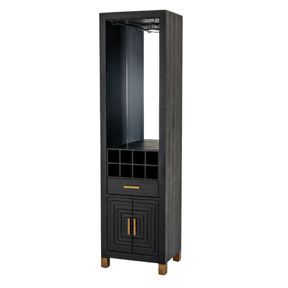 Dine and Dwell Lincoln matte black wood drinks cabinet with storage shelves and glass doors for elegant beverage organization.