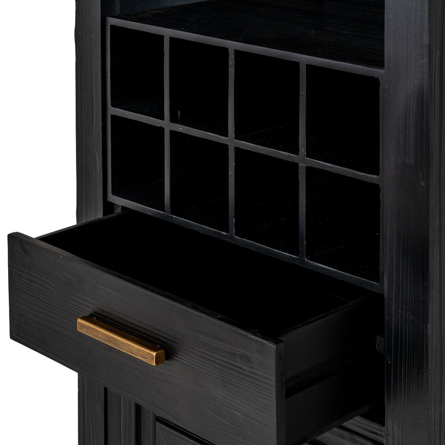 Dine and Dwell Lincoln matte black wood drinks cabinet with multiple shelves and storage compartments.