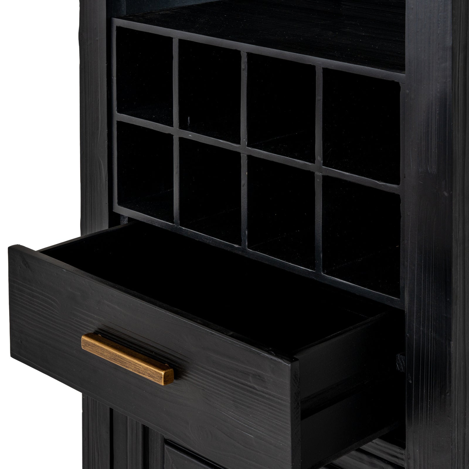 Dine and Dwell Lincoln matte black wood drinks cabinet with multiple shelves and storage compartments.