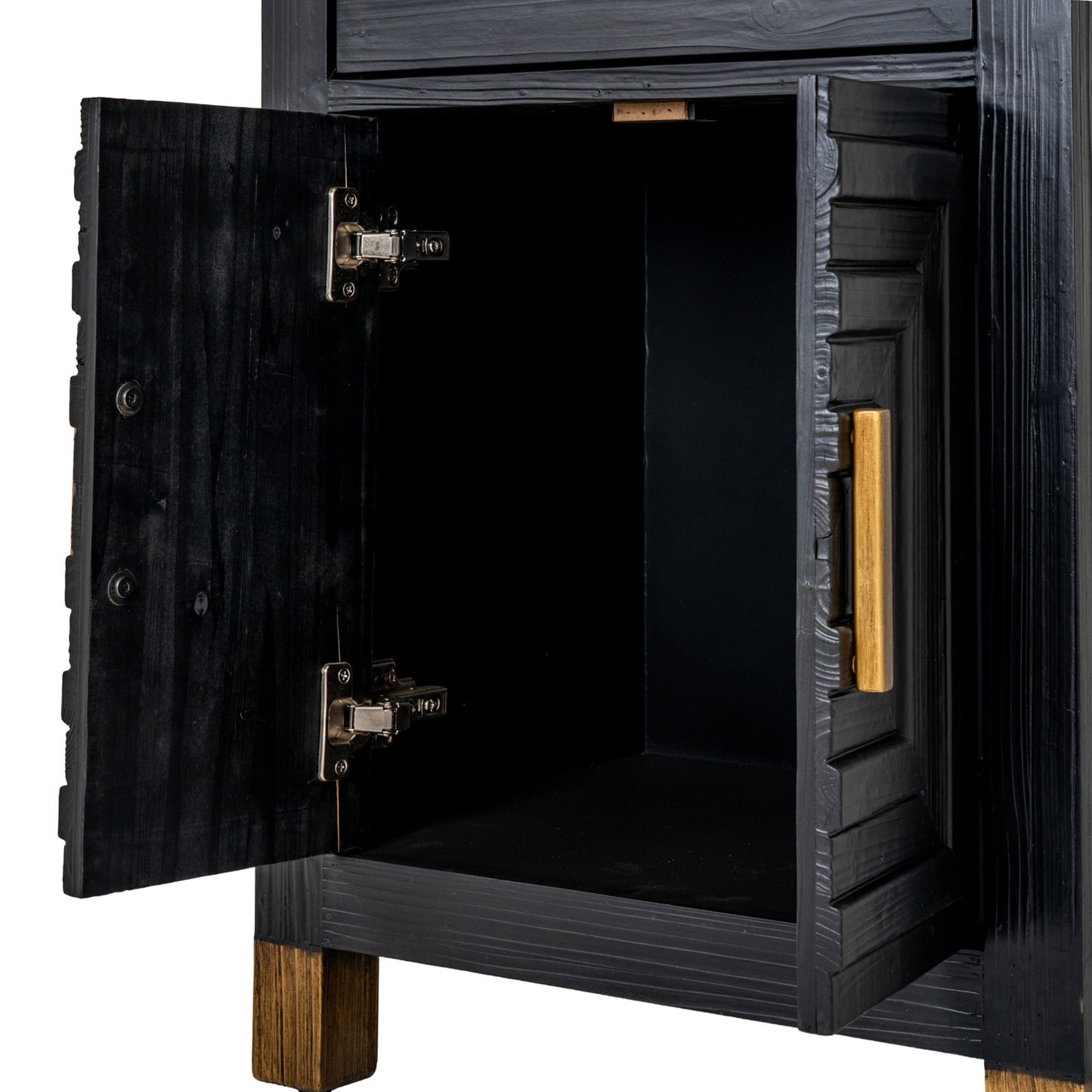Matte black wood Dine and Dwell Lincoln drinks cabinet with glass doors and storage shelves for bottles and glassware.