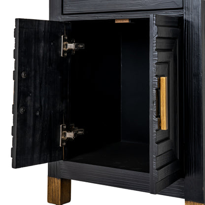 Matte black wood Dine and Dwell Lincoln drinks cabinet with glass doors and storage shelves for bottles and glassware.