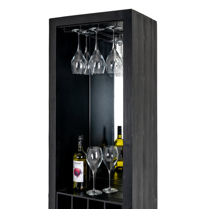 Dine and Dwell Lincoln drinks cabinet in matte black wood with glass doors and storage shelves for bottles and glassware.