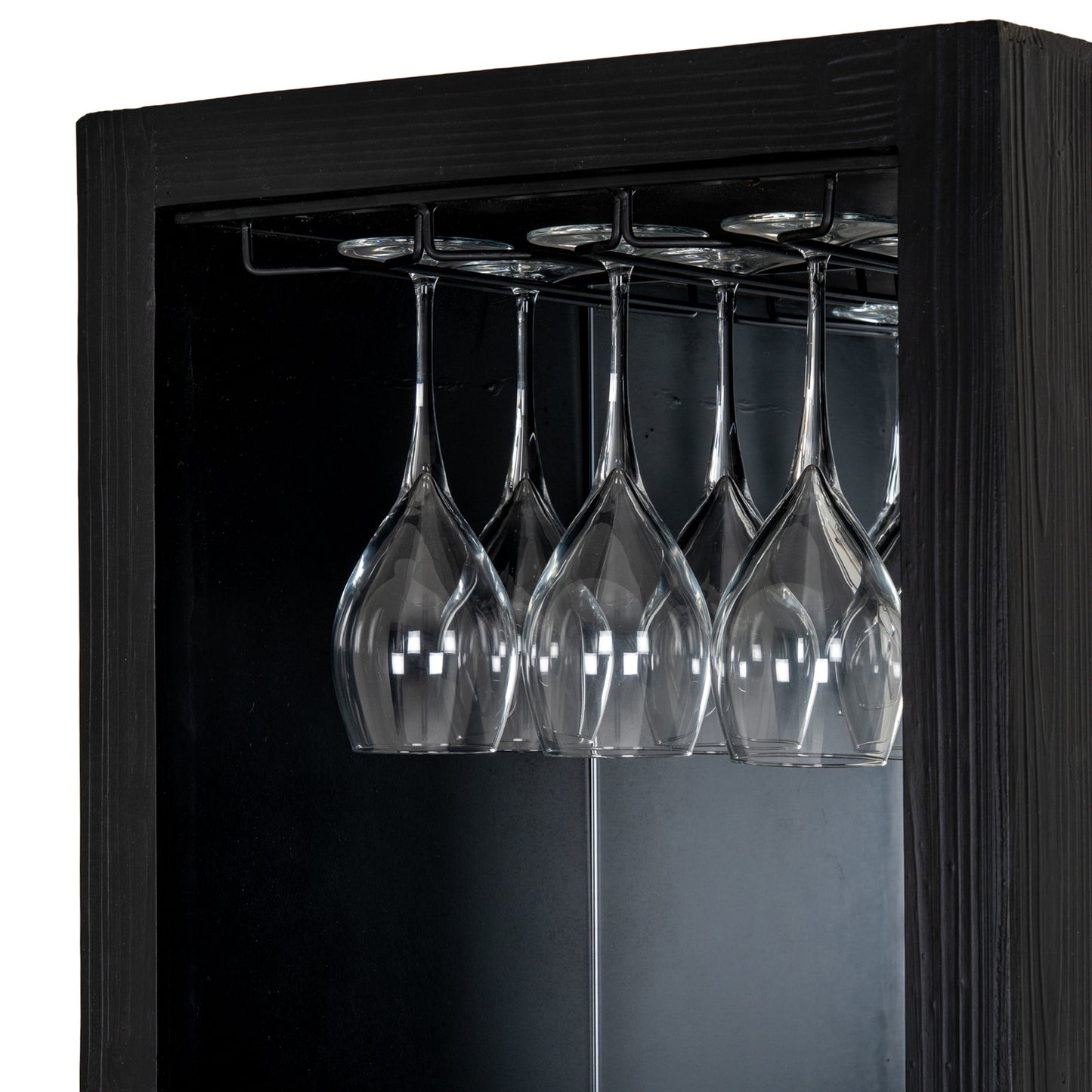 Dine and Dwell Lincoln drinks cabinet in matte black wood with glass-paneled doors and storage shelves.