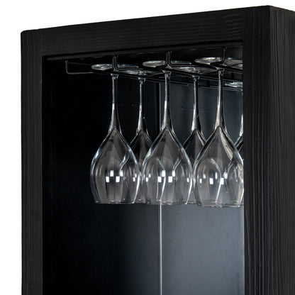 Dine and Dwell Lincoln drinks cabinet in matte black wood with glass-paneled doors and storage shelves.