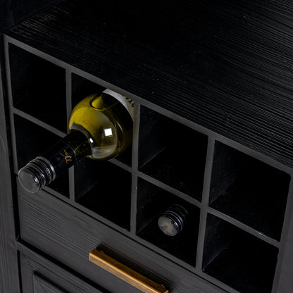 Dine and Dwell Lincoln drinks cabinet in matte black wood with glass doors and storage shelves for bottles and glassware.