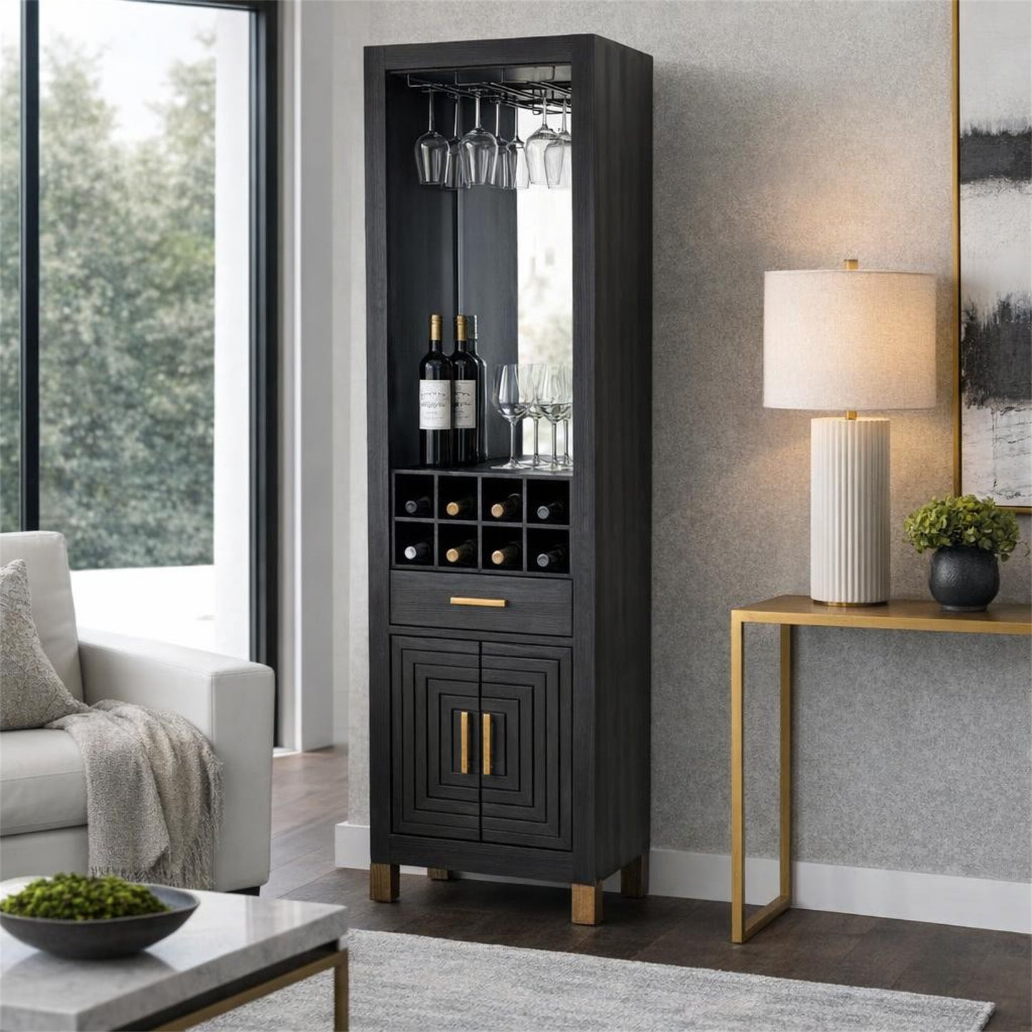 Dine and Dwell Lincoln drinks cabinet in matte black wood with sleek design and storage compartments.