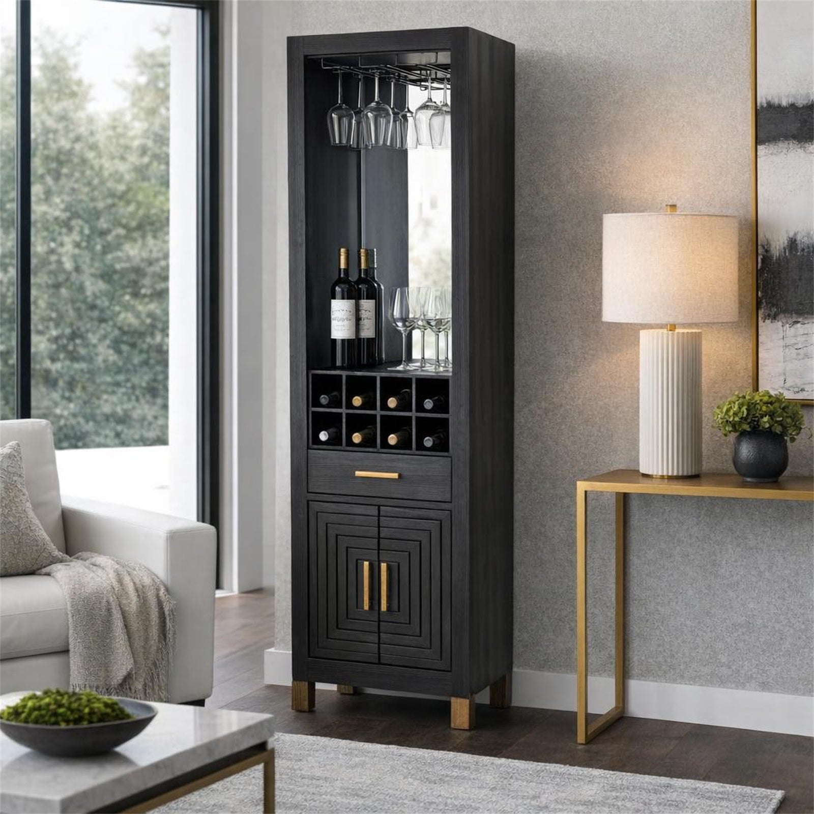 Dine and Dwell Lincoln drinks cabinet in matte black wood with sleek design and storage compartments.