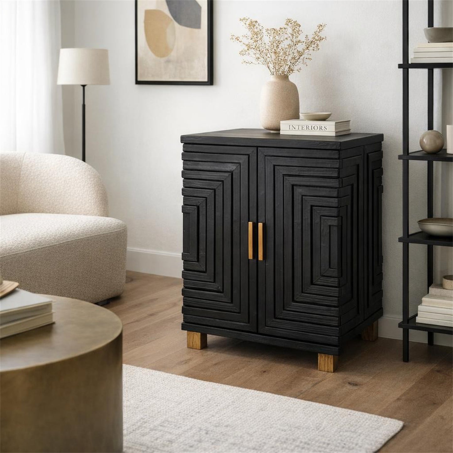 Dine and Dwell Lincoln black wood two-door side cupboard with sleek design and modern storage solution.