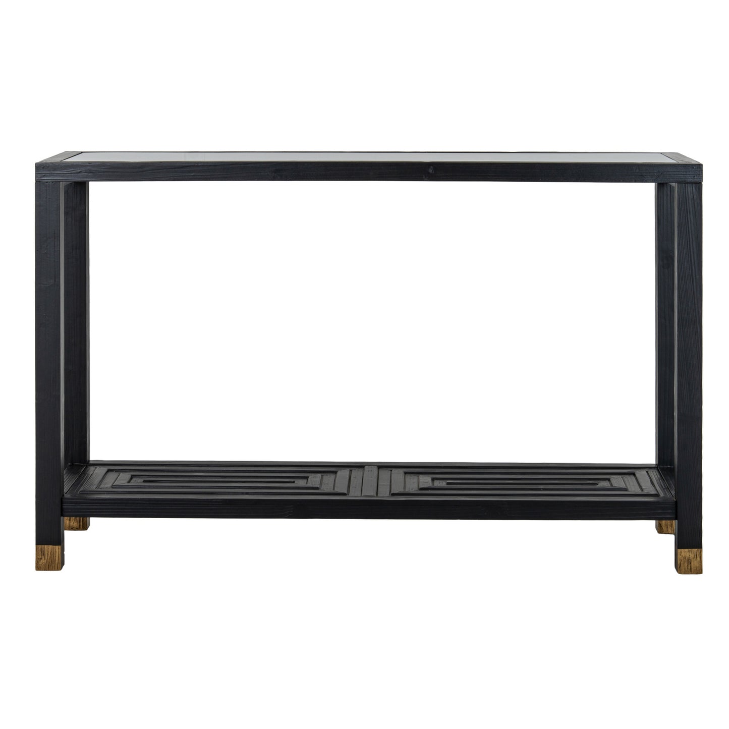 Dine and Dwell Lincoln console table in matte black wood, modern sideboard with clean lines and spacious surface area.