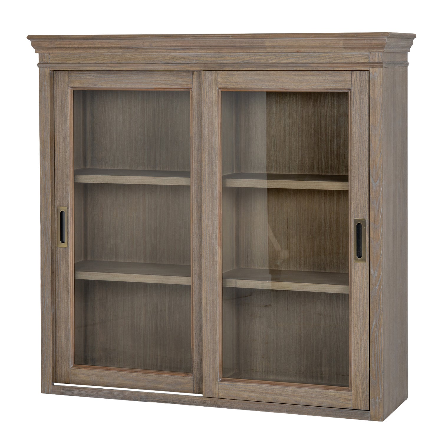 Dine and Dwell Leamington sliding glass dresser top cabinet with brown wood and clear glass doors