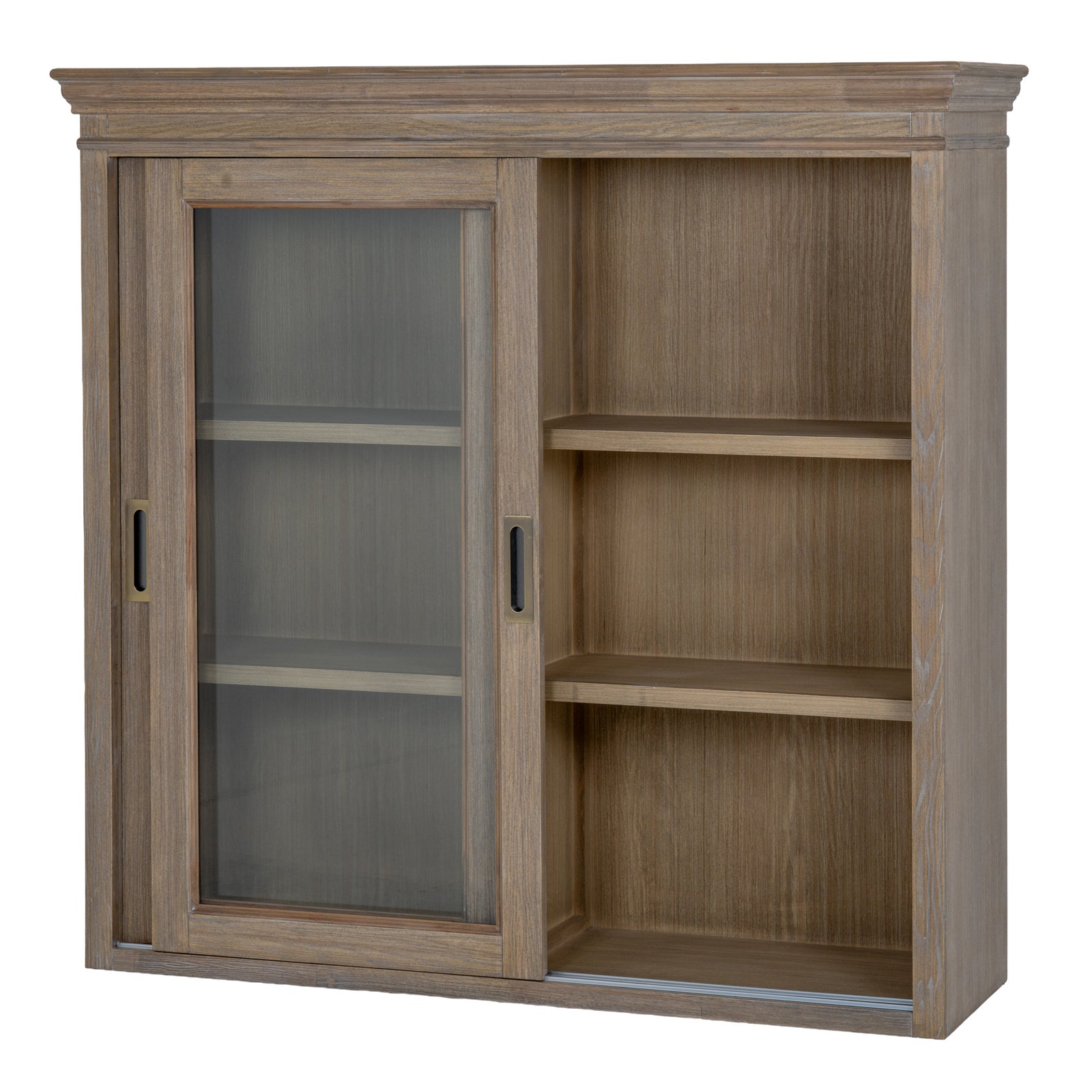 Dine and Dwell Leamington sliding glass dresser top cabinet with brown wood and glass doors, stylish storage solution