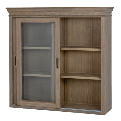Dine and Dwell Leamington sliding glass dresser top cabinet with brown wood and glass doors, stylish storage solution