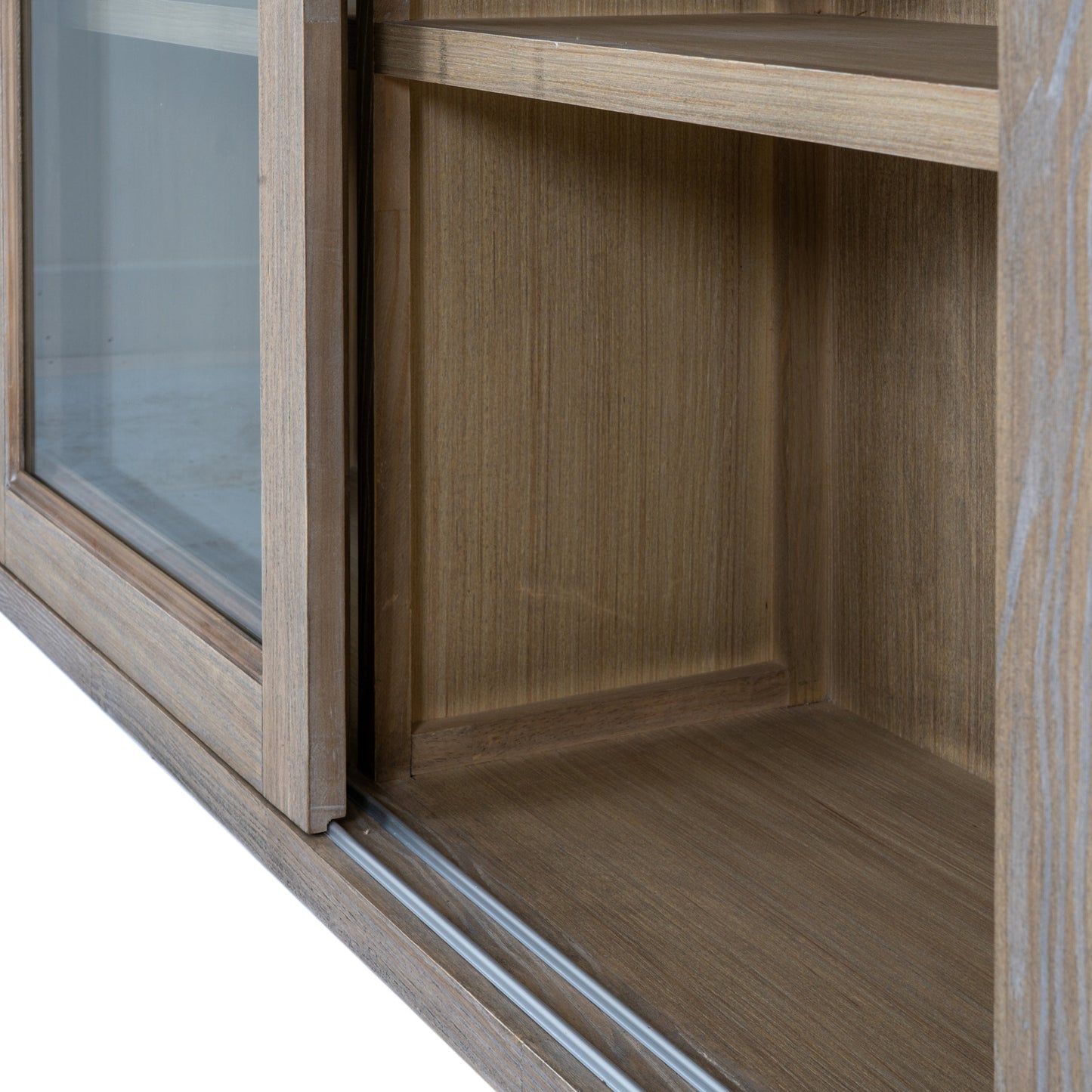 Dine and Dwell Leamington sliding glass cabinet top with brown wood frame and glass doors for stylish storage.