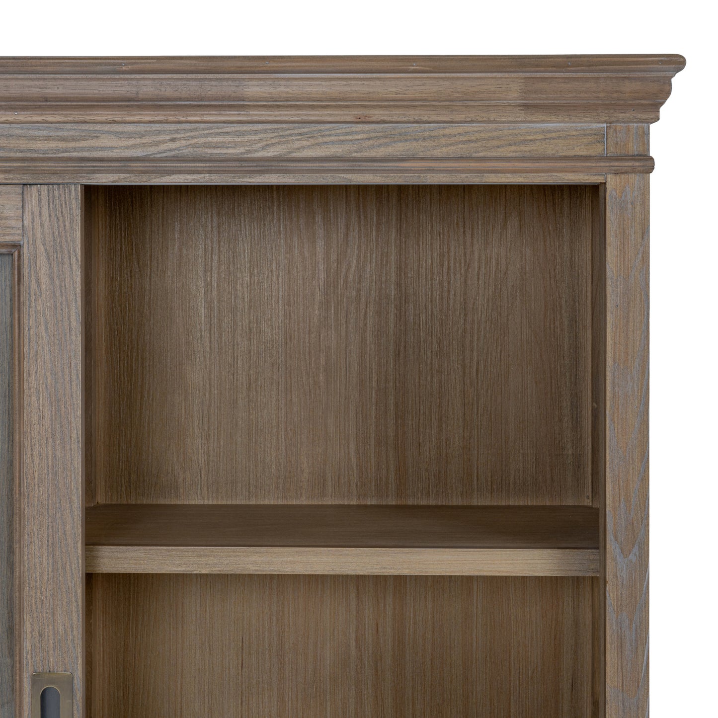 Brown wood and glass cabinet top for Dine and Dwell Leamington sliding glass dresser, showcasing sleek design and modern style.