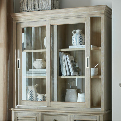 Dine and Dwell Leamington sliding glass dresser top cabinet with brown wood frame and glass doors.