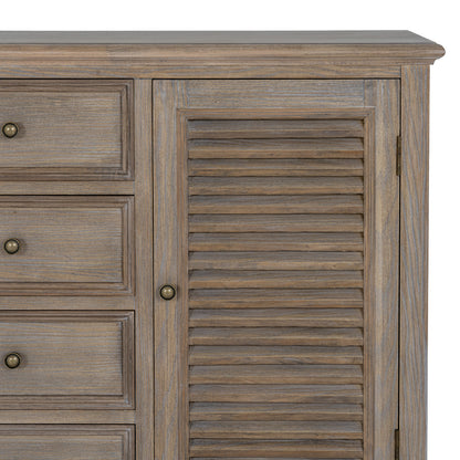 Dine and Dwell Leamington large brown wood sideboard with two doors and four drawers, stylish storage furniture for living room or hallway.