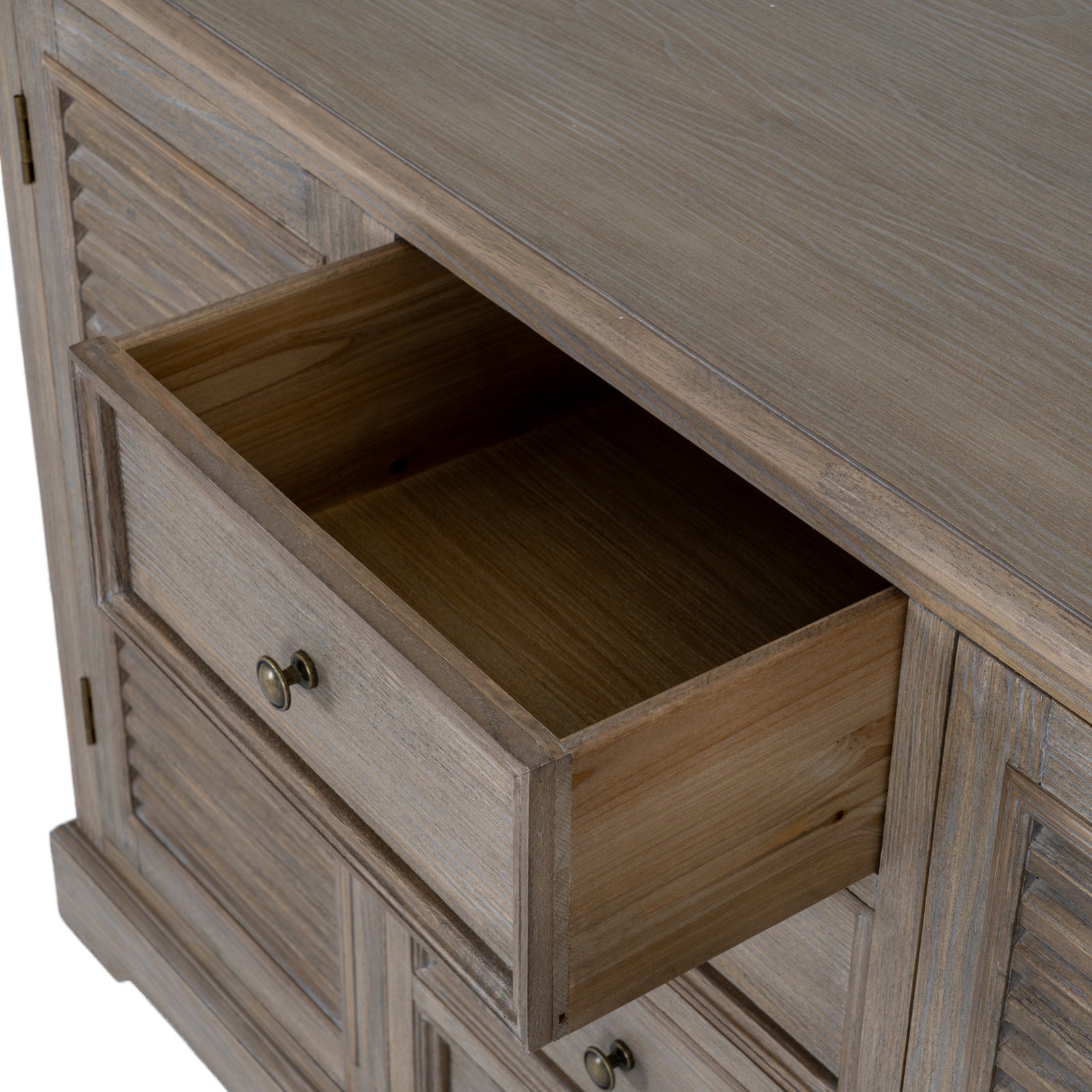 Dine and Dwell Leamington large brown wood sideboard with two doors and four drawers, modern storage furniture.