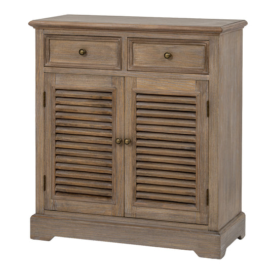 Dine and Dwell Leamington brown wood cabinet with two drawers and two doors, serving as a stylish sideboard or storage chest