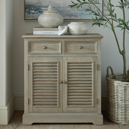 Dine and Dwell Leamington brown wood cabinet with two drawers and two doors, stylish sideboard chest for living or dining room.