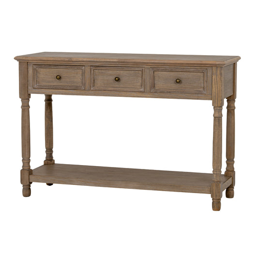 Dine and Dwell Leamington brown wood sideboard with 3 drawers and shelf, modern console table for living or hallway space.