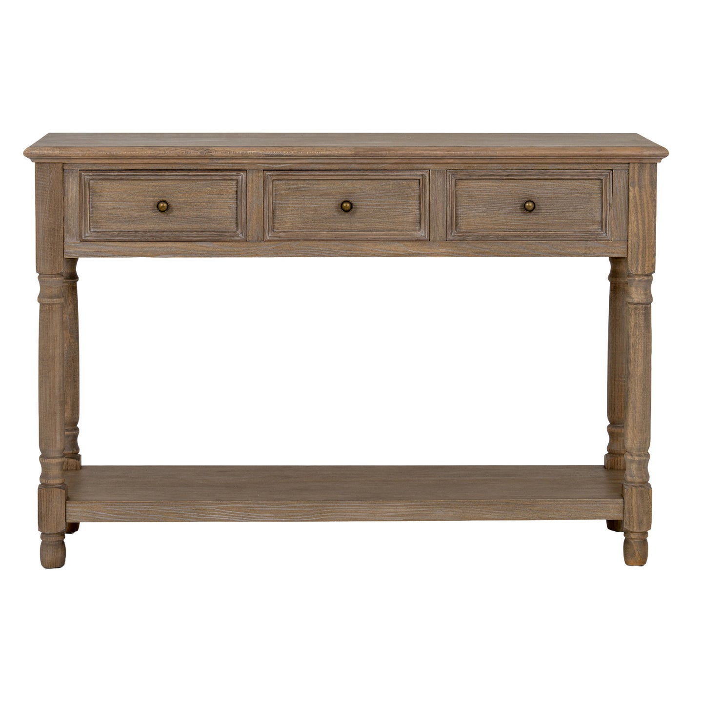 Dine and Dwell Leamington brown wood sideboard with three drawers and shelf, stylish console table for living room or hallway.