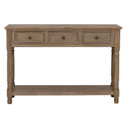 Dine and Dwell Leamington brown wood sideboard with three drawers and shelf, stylish console table for living room or hallway.